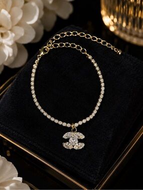 Gold Crystal Tennis Bracelet with Double-C Style Charm